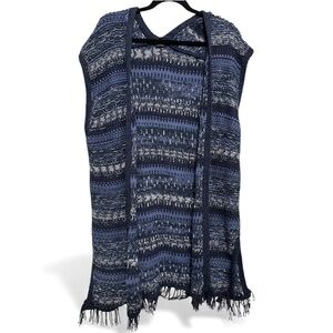 Massimo Dutti Long Knit Sweater Duster‎ Cardigan Fringed Size Medium Blue White